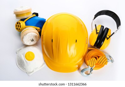 Set Of Safety Equipment On White Background, Top View