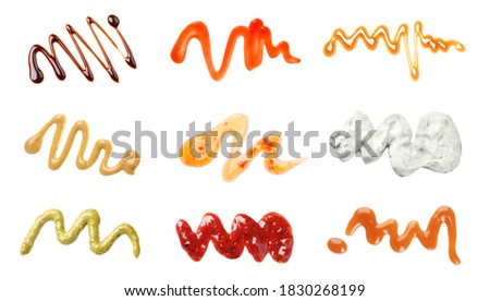 Set with samples of different sauces on white background
