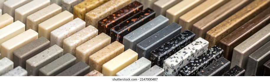 A set of samples of stones for decorative interior decoration. Beautiful set of marble and granite with stains, onyx surface. Finishing stone for furniture and interior. - Shutterstock ID 2147000487