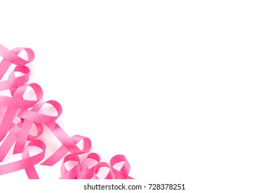 Set of satin pink ribbon symbols border design on white background, breast cancer awareness campaign