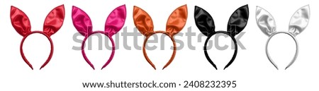 Set of satin silk red pink brown orange black white bunny rabbit hare ears headband headgear on white background cutout file. Many different colours. Mockup template for artwork design
