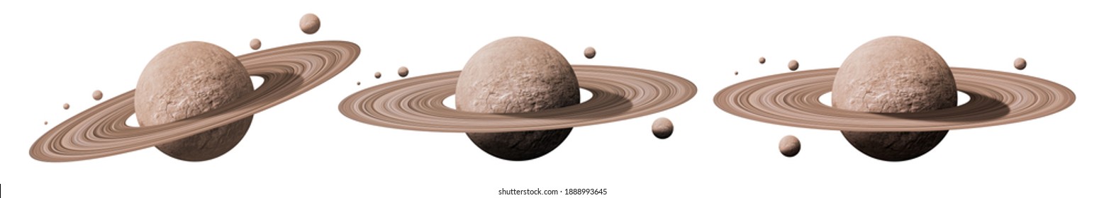 Set Of Saturn Planets In Deep Space With Rings  And Moons Surrounded. Isolated With Clipping Path On White Background