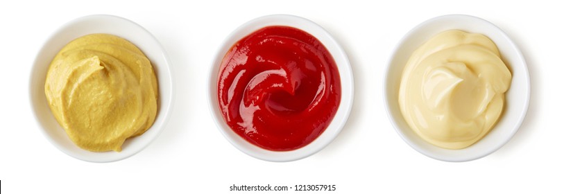 Set of sauces - ketchup, mayonnaise and mustard isolated on white background, top view - Shutterstock ID 1213057915