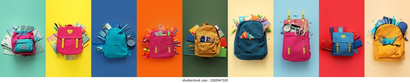 Set of school backpacks with stationery on color background - Powered by Shutterstock