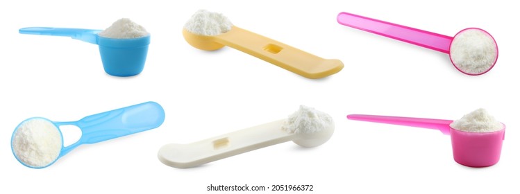 Set with scoops of powdered infant formula on white background, banner design. Baby milk