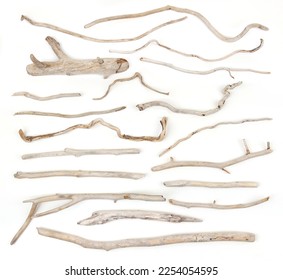 Set of sea driftwood branches isolated on white background. Bleached dry aged drift wood.  - Shutterstock ID 2254054595