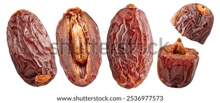 Set of semi-dry dates, or date palm fruits isolated on white background. File contains clipping paths.