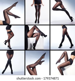 Set of sexy legs in hosiery over white background (many different frames)