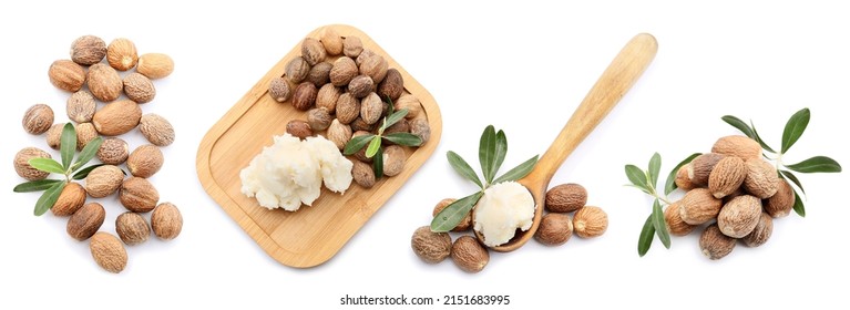 Set Of Shea Nuts And Butter Isolated On White  