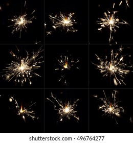 Set Of Shiny Sparkling Christmas Sparklers Burning Bright. Sparks From Welding Or Handheld Fireworks Isolated On Black