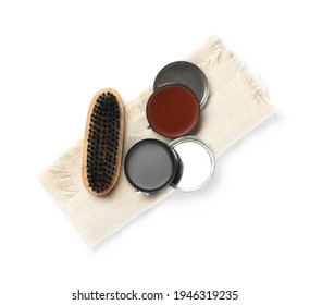 Set Of Shoe Care Products On White Background, Top View