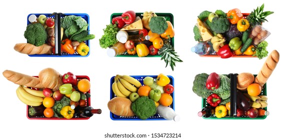 Set Of Shopping Baskets With Grocery Products On White Background, Top View