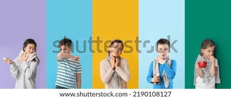Set of sick children on color background
