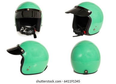 Set Of Side Motorbike Light Green Safety Helmet With Black Brim Isolated On White Background