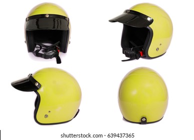set of side yellow motorbike safety helmet with black brim isolated on white background