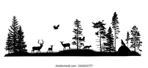 Set of silhouettes of trees and wild forest animals. Deer, fawn, doe, fox, wolf, owl, bird of pray, squirrel. Black and white hand drawn illustration. - Shutterstock ID 2141015777