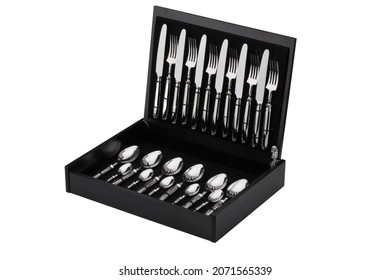 Set of silver cutlery in the box on an isolated white background. Gift wrapped forks, knives and spoons