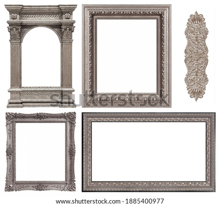 Set of silver frames for paintings, mirrors or photo isolated on white background