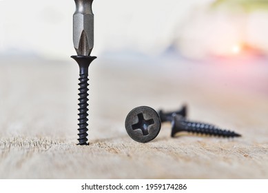 Set of silver screws screwed into timber wood on wooden top table background. One of them has screw driver on the screw with copy space.