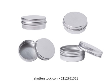 Set of silver tin metal boxes, cases. on white background - Shutterstock ID 2112961331