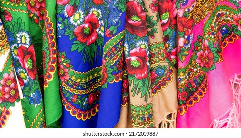 A Set Of Simple Colorful Traditional Classic Polish Highlander Culture Shawls Decorative Fabric With Flower Pattern Design, Nobody. Vibrant Multi Colored Textile Folk Floral Patterns, No People