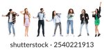 Set of singing people with microphones on white background