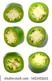 Set Of Single Green Jalapeno Pepper Slice Isolated White