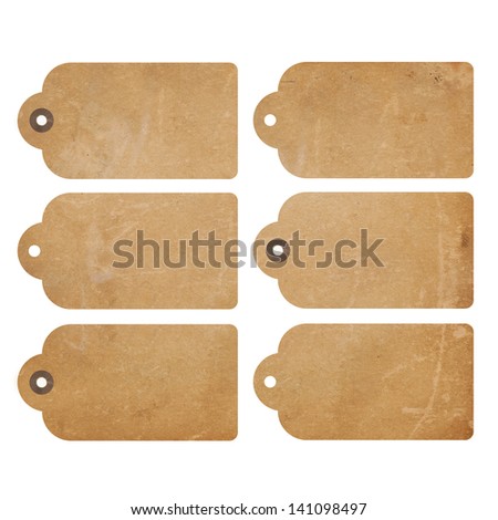 Set of six brown grunge gift tags isolated on white