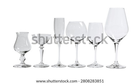 Set of six different empty clear glass stemware for wine and champagne