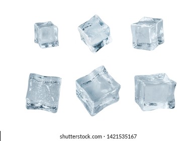 Set of six different ice cube faces. Macro shot of ice cubes. Clipping path.
