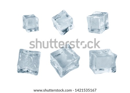 Set of six different ice cube faces. Macro shot of ice cubes. Clipping path.