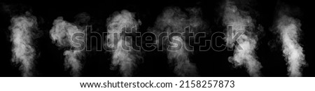 A set of six different types of swirling, writhing smoke, steam, isolated on a black background for overlaying on your photos. Collection of vertical vapors. scattered smoky background