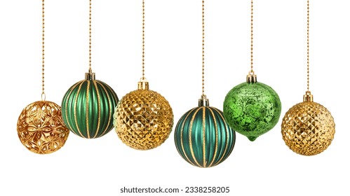 Set of six golden and green decoration Christmas balls collection hanging isolated