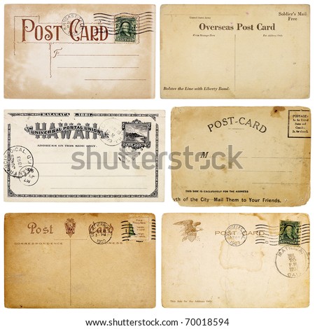 A set of six heavily aged postcards from early 1900s. Each card is blank with room for your text and images. Isolated on white with clipping paths.