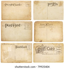 A set of six heavily aged but unstamped post cards from early 1900s. Postcards are blank with room for your text and images. Isolated on white with clipping paths.
