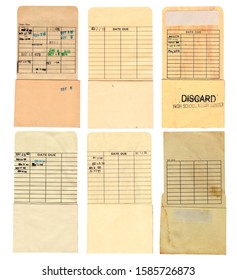 Set of six old, stained library card due date pocket sleeves salvaged from discarded library books. Stamped dates range from the 1960s through the 1990s.
