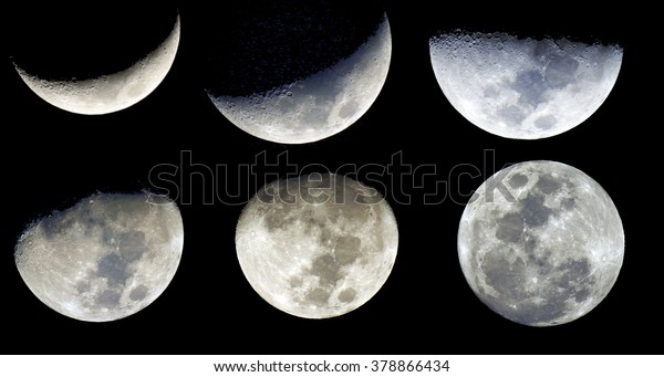 Set of six\
phases of moon isolated on\
black.