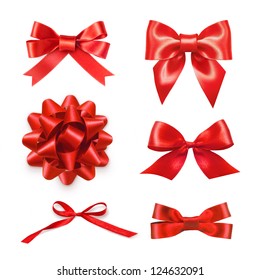 Set of six red ribbon satin bows isolated on white - Shutterstock ID 124632091