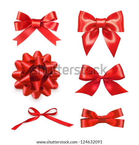 Set of six red ribbon satin bows isolated on white