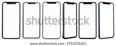 A set of six smartphone frames in various angles, showcasing front and side views. The frames are black and white, highlighting modern phone design.