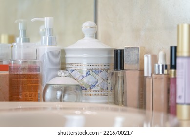 Set Of Skin Care Products, Exposed On A Bathroom Shelf.