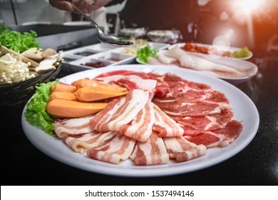 Set of slice raw bacon, pork ,chicken and vegetable. Korean style grilled