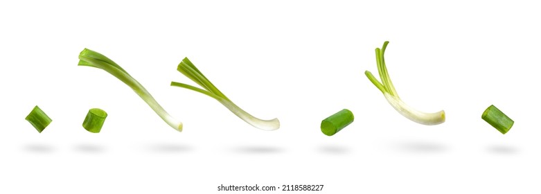 Set Sliced Green Onion On A White Background. Green Onion Slices Fall Or Fly, Casting A Shadow