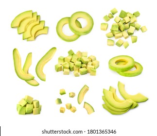 Set Of Sliced Peeled Avocado On A White Background