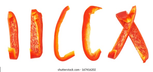 Set Of Sliced Red Bell Pepper Section Pieces Isolated Over White Background