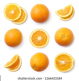 A set of sliced and whole oranges, cut out. Top view.