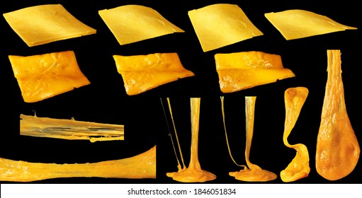 Set of slices of cheddar cheese isolated. Hot stretching cheese.