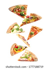 Set with slices of different pizzas falling on white background - Shutterstock ID 1777188719