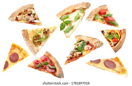 Set with slices of different pizzas falling on white background