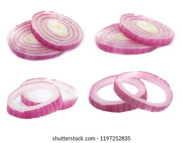 Set Of Slices  Red Onion Isolated On White Background